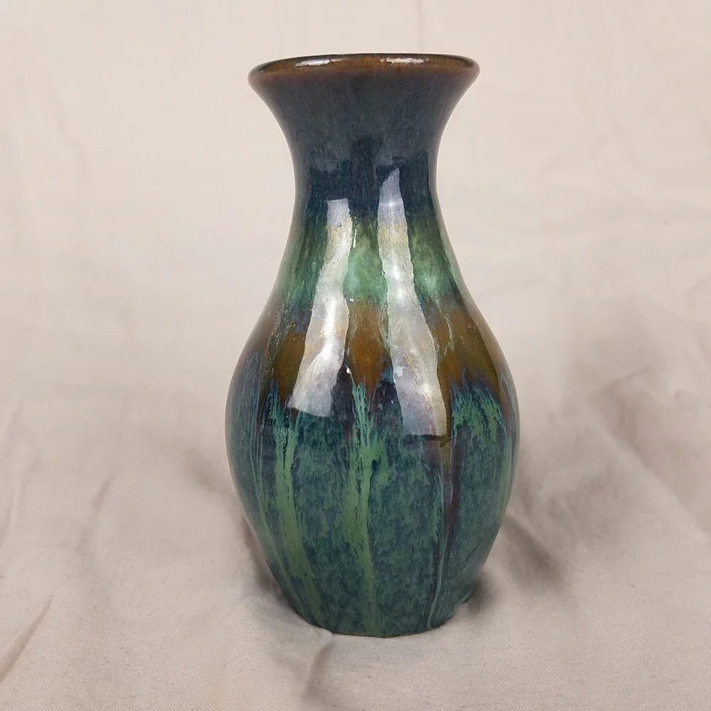 Drip Glaze‎ Ceramic Bud Vases Set Pair Green Teal Brown Boho mantel hand made
